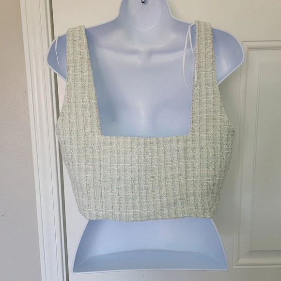 NWOT Zara Green Cream Tan Tweed Textured Side Zip Cropped Tank Top L - Picture 4 of 9